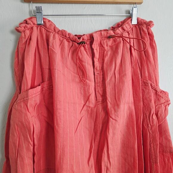 Free People Coral Orange Striped Linen Blend Midi Skirt Drawstring Pockets M - Picture 3 of 14